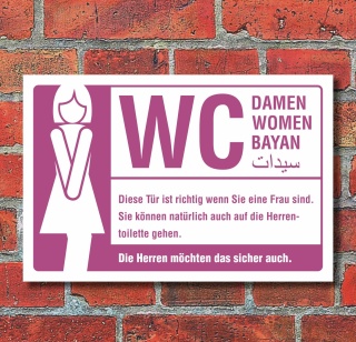 Schild WC Toilette Damen Frauen mehrsprachig witziger Spruch 3 mm Alu-Verbund