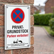 Das Bild zeigt ein Schild, das an einer Mauer befestigt ist und darauf hinweist, dass das Parken auf diesem Privatgrundstück verboten ist. Es ist mit einem roten Kreis und einem blauen X versehen, und darunter steht in großen Buchstaben Privatgrundstück sowie Parken verboten! in roter Schrift, ergänzt durch eine Warnung, dass falsch parkende Fahrzeuge kostenpflichtig abgeschleppt werden.