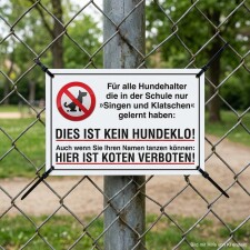 Das Bild zeigt ein Schild, das an einem Zaun befestigt ist und darauf hinweist, dass Hunde in diesem Bereich nicht erlaubt sind. Es enthält eine durchgestrichene Hundesilhouette und den Text „DIES IST KEIN HUNDEKLO! HIER IST KOTEN VERBOTEN!“, um die Hundehalter deutlich zu warnen.