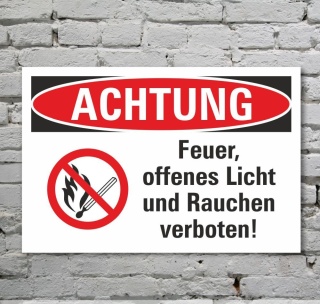 Schild Achtung Feuer offenes Licht Rauchen verboten Symbol 3 mm Alu-Verbund 300 x 200 mm