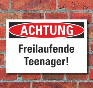 Schild Achtung Freilaufende Teenager Geschenk Geburtstag 3 mm Alu-Verbund 300 x 200 mm