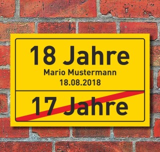 Schild Ortsschild Geschenk Überraschung 18. Geburtstag Partydeko mit Namensdruck 300 x 200 mm