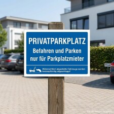 Das Bild zeigt ein Schild mit der Aufschrift PRIVATPARKPLATZ in großen, weißen Buchstaben auf blauem Hintergrund. Es befindet sich an einem Parkplatz, der ausschließlich für Parkplatzmieter reserviert ist, und weist darauf hin, dass widerrechtlich abgestellte Fahrzeuge kostenpflichtig abgeschleppt werden.