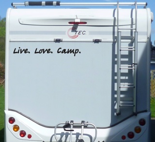 Aufkleber Live Love Camp Wohnmobil Wohnwagen Camper Camping Caravan Auto - 55 cm / Schwarz
