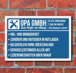 Schild Opa GmbH Geschenk Geburtstag Vatertag Großvater 3 mm Alu-Verbund 300 x 200 mm