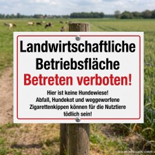 Das Bild zeigt ein Schild, das auf einer landwirtschaftlichen Fläche angebracht ist und deutlich macht, dass das Betreten verboten ist. Es enthält Warnhinweise über Gefahren wie Abfall, Hundekot und Zigarettenkippen, die für Nutztiere schädlich sein können.