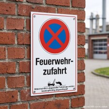 Das Bild zeigt ein Schild, das auf eine Feuerwehrzufahrt...