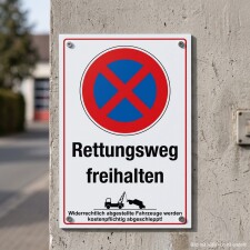 Das Bild zeigt ein Schild mit dem Hinweis „Rettungsweg freihalten“. Es ist in einem öffentlichen Bereich angebracht und warnt davor, den Rettungsweg zu blockieren, da falsch parkende Fahrzeuge kostenpflichtig abgeschleppt werden können.