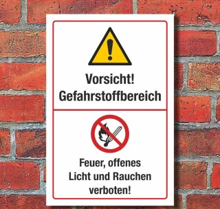 Schild Gefahrstoffbereich Feuer Licht Rauchen verboten 3 mm Alu-Verbund 450 x 300 mm