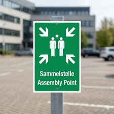 Das Bild zeigt ein grünes Schild mit der Aufschrift Sammelstelle Assembly Point. Es ist in einem Parkplatz aufgestellt und weist in alle vier Himmelsrichtungen auf einen Sammelplatz für Personen hin, was auf einen Sicherheitskontext hinweist.