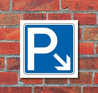 Schild Parkplatz Pfeil rechts abw&auml;rts Hinweisschild Parkplatzschild 200 x 200mm
