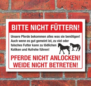 Schild Achtung Pferde nicht füttern Kolikgefahr Hufrehe 3 mm Alu-Verbund 600 x 400 mm
