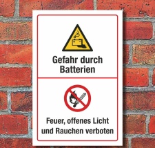 Schild Gefahr durch Batterie Feuer Licht Rauchen verboten...