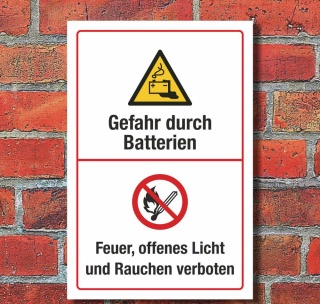 Schild Gefahr durch Batterie Feuer Licht Rauchen verboten 3 mm Alu-Verbund 600 x 400 mm