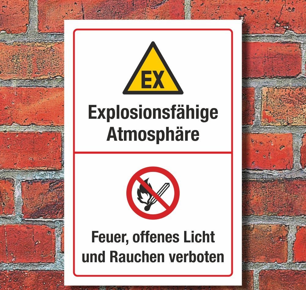 Schild Explosive Atmosphäre Feuer Licht Rauchen verboten 3 mm Alu-Verbund