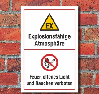 Schild Explosive Atmosph&auml;re Feuer Licht Rauchen verboten 3 mm Alu-Verbund