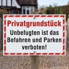 Das Bild zeigt ein Schild, das auf einem Privatgrundstück angebracht ist. Es informiert mit großen, roten Buchstaben darüber, dass das Befahren und Parken für Unbefugte verboten ist.