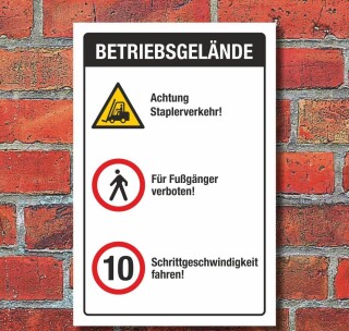 Schild Betriebsgelände Staplerverkehr Fußgänger verboten Schritt Alu-Verbund 600 x 400 mm