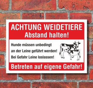 Schild Weidetiere Abstand halten Gefahrschild Hinweisschild 3 mm Alu-Verbund 450 x 300