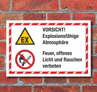 Kombischild Explosionsfähige Atmosphäre Feuer Licht Rauchen verboten Alu-Verbund 450 x 300 mm
