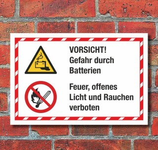 Kombischild Gefahr Batterien Feuer Licht Rauchen verboten 3 mm Alu-Verbund 450 x 300 mm