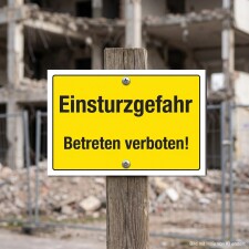 Das Bild zeigt ein gelbes Schild mit der Aufschrift...