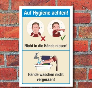 Schild Hygiene Armbeuge Niesen Husten Hände waschen 3 mm Alu-Verbund