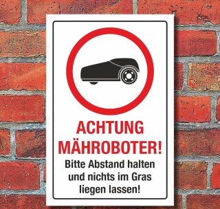 Schild Achtung Mähroboter Rasenroboter Rasenmäher Abstand 3 mm Alu-Verbund 450 x 300 mm