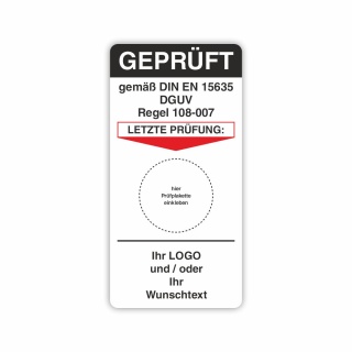 Grundetikett Gepr&uuml;ft DIN EN 15635 DGUV Regel 108-007 Regale Aufkleber 45 x 90 mm