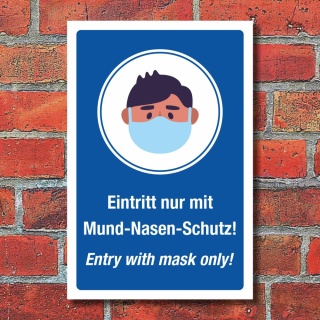 Schild Eintritt Mund-Nasen-Schutz Mundschutz Maskenpflicht Englisch Alu-Verbund 300 x 200 mm