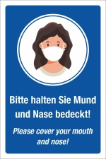 Schild Mund Nase bedecken Mund-Nasen-Schutz Mundschutz Englisch 3 mm Alu-Verbund 600 x 400 mm