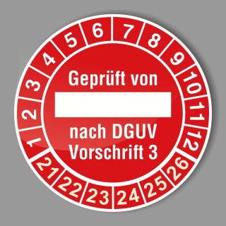 Pr&uuml;fplakette 21-26 Textfeld rot, &Oslash; 25 mm, Pr&uuml;fetiketten DGUV Vorschrift 3, BGV