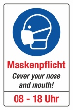 Schild Maskenpflicht Mundschutz Englisch Uhrzeiten 3 mm Alu-Verbund