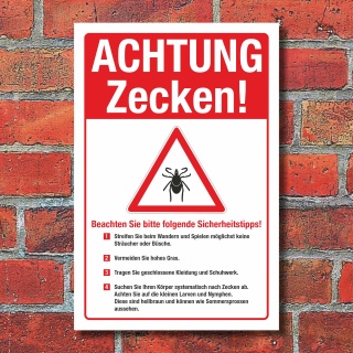 Schild Achtung Zecken Regeln Tips Hinweisschild Gefahr 3 mm Alu-Verbund 300 x 200 mm