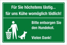 Schild Landwirtschaft Futterwiese Kuh K&uuml;he t&ouml;dlich Hunde 3 mm Alu-Verbund