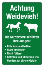 Schild Weidetiere Weidevieh Kuh Pferd Abstand halten Warnung 3 mm Alu-Verbund