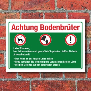 Schild Bodenbr&uuml;ter V&ouml;gel Hunde anleinen L&auml;rm vermeiden Waldweg 3 mm Alu-Verbund