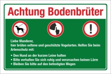 Schild Bodenbr&uuml;ter V&ouml;gel Hunde anleinen L&auml;rm vermeiden Waldweg 3 mm Alu-Verbund