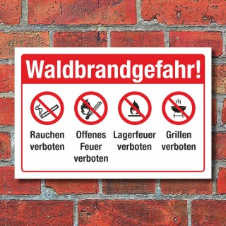 Schild Waldbrandgefahr Rauchen Grillen Feuer verboten Hinweis 3 mm Alu-Verbund 450 x 300 mm