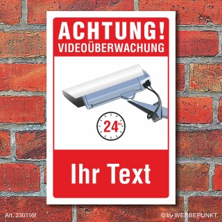 Schild Videoüberwachung Warnschild Hinweisschild Wunschtext 3 mm Alu-Verbund 450 x 300 mm
