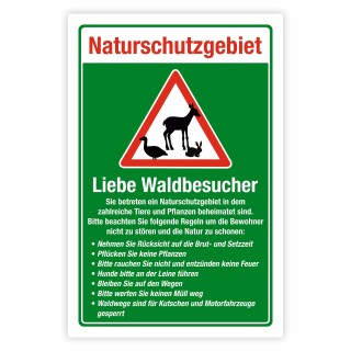 Hinweisschild „Naturschutzgebiet“ – Regeln für Waldbesucher (Brut, Leinenpflicht, Wegegebot, Müll/Feuer/Rauchen) – Alu-Verbund 3 mm, UV-Direktdruck