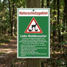 Hinweisschild „Naturschutzgebiet“ – Regeln für Waldbesucher (Brut, Leinenpflicht, Wegegebot, Müll/Feuer/Rauchen) – Alu-Verbund 3 mm, UV-Direktdruck