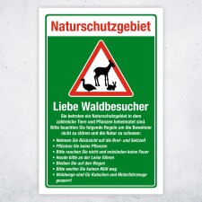 Hinweisschild „Naturschutzgebiet“ – Regeln für Waldbesucher (Brut, Leinenpflicht, Wegegebot, Müll/Feuer/Rauchen) – Alu-Verbund 3 mm 450 x 300 mm UV-Direktdruck
