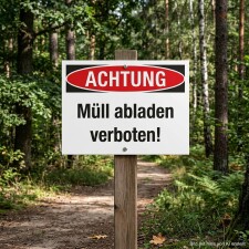 Das Bild zeigt ein Schild im Wald, das in großen, klaren Buchstaben den Hinweis „ACHTUNG Müll abladen verboten!“ gibt. Es ist auf einem stabilen Holzpfosten montiert und soll Passanten darauf aufmerksam machen, dass das Abladen von Müll an diesem Ort nicht erlaubt ist.