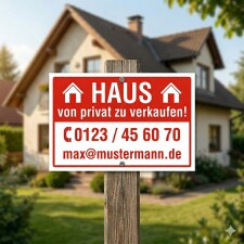 Das Bild zeigt ein Verkaufsschild, das an einem Holzpfahl befestigt ist. Es informiert darüber, dass ein Haus von privat verkauft wird und enthält Kontaktinformationen wie eine Telefonnummer und eine E-Mail-Adresse.