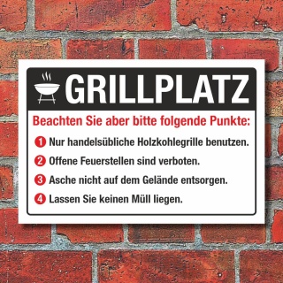 Schild Grillplatz BBQ Barbecue grillen Regeln Hinweis 3 mm Alu-Verbund 300 x 200 mm
