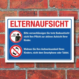 Schild Elternaufsicht Badeaufsicht Freibad Hallenbad Smartphone 3 mm Alu-Verbund 600 x 400 mm