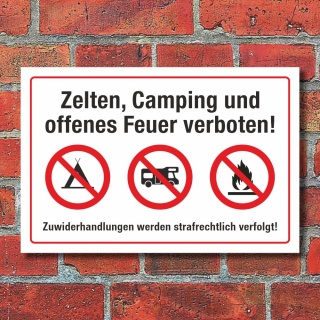 Schild Zelten Camping Feuer verboten Wohnmobil Wohnwagen 3 mm Alu-Verbund 450 x 300 mm