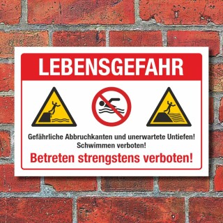 Schild Lebensgefahr Abbruchkante Untiefen Schwimmen verboten 3 mm Alu-Verbund 450 x 300 mm