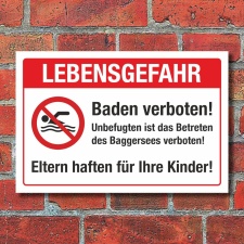 Schild Lebensgefahr Baggersee Baden verboten Schwimmen verboten 3 mm Alu-Verbund